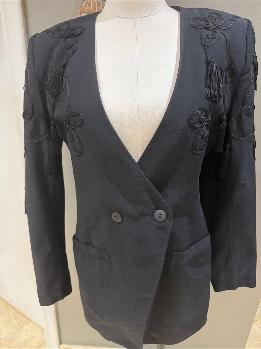 Casadei Black Double-Breasted Blazer with Tassel Embellishment